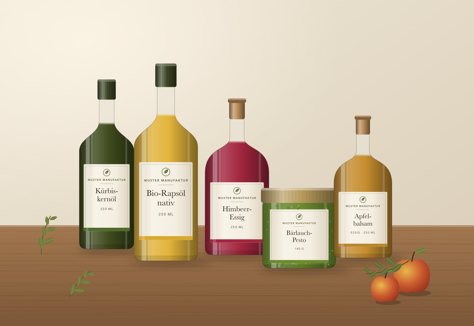 Öle, Essige und Pesto der Muster Manufaktur auf einem Holztisch